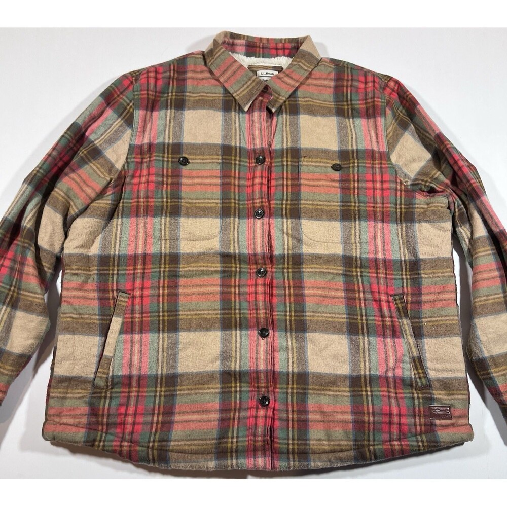 LL Bean Plaid Sherpa Lined Flannel Shirt Jacket Shacket Relaxed Women's Large - Picture 4 of 10
